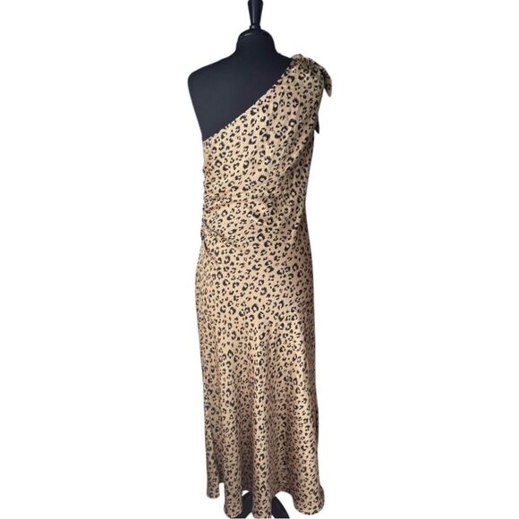 A New Day Black + Brown Satin Leopard Print One Shoulder Tea Length Dress - Picture 6 of 9